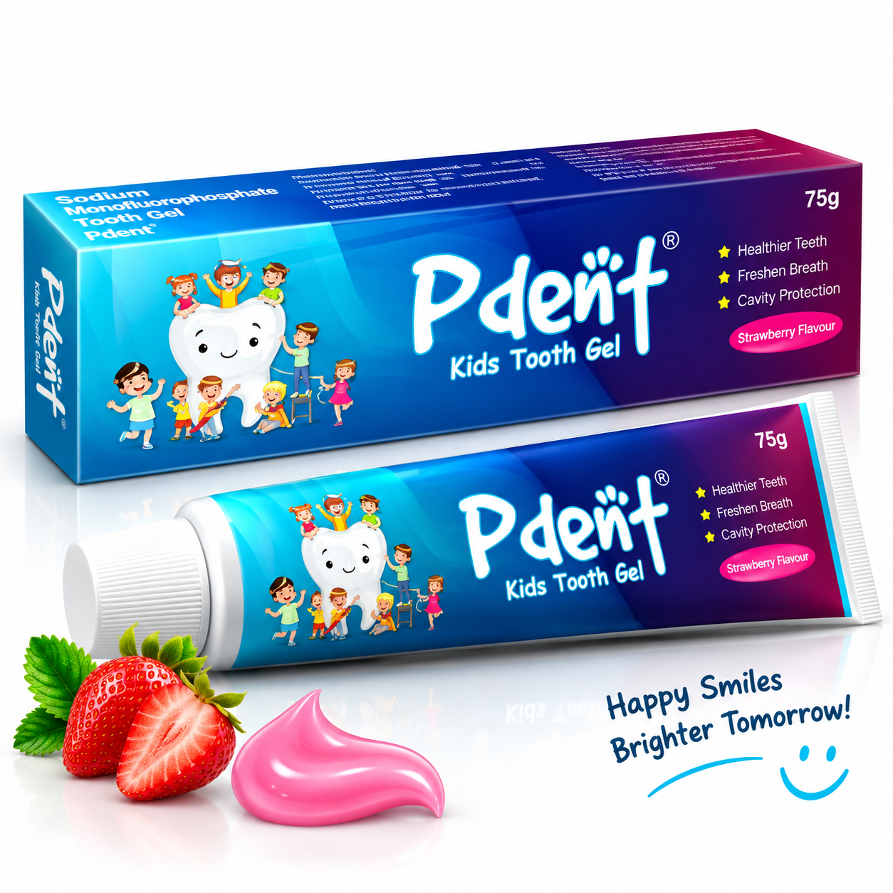 Pdent Kids Tooth Gel 75g strawberry flavour pack with Sodium Monofluorophosphate